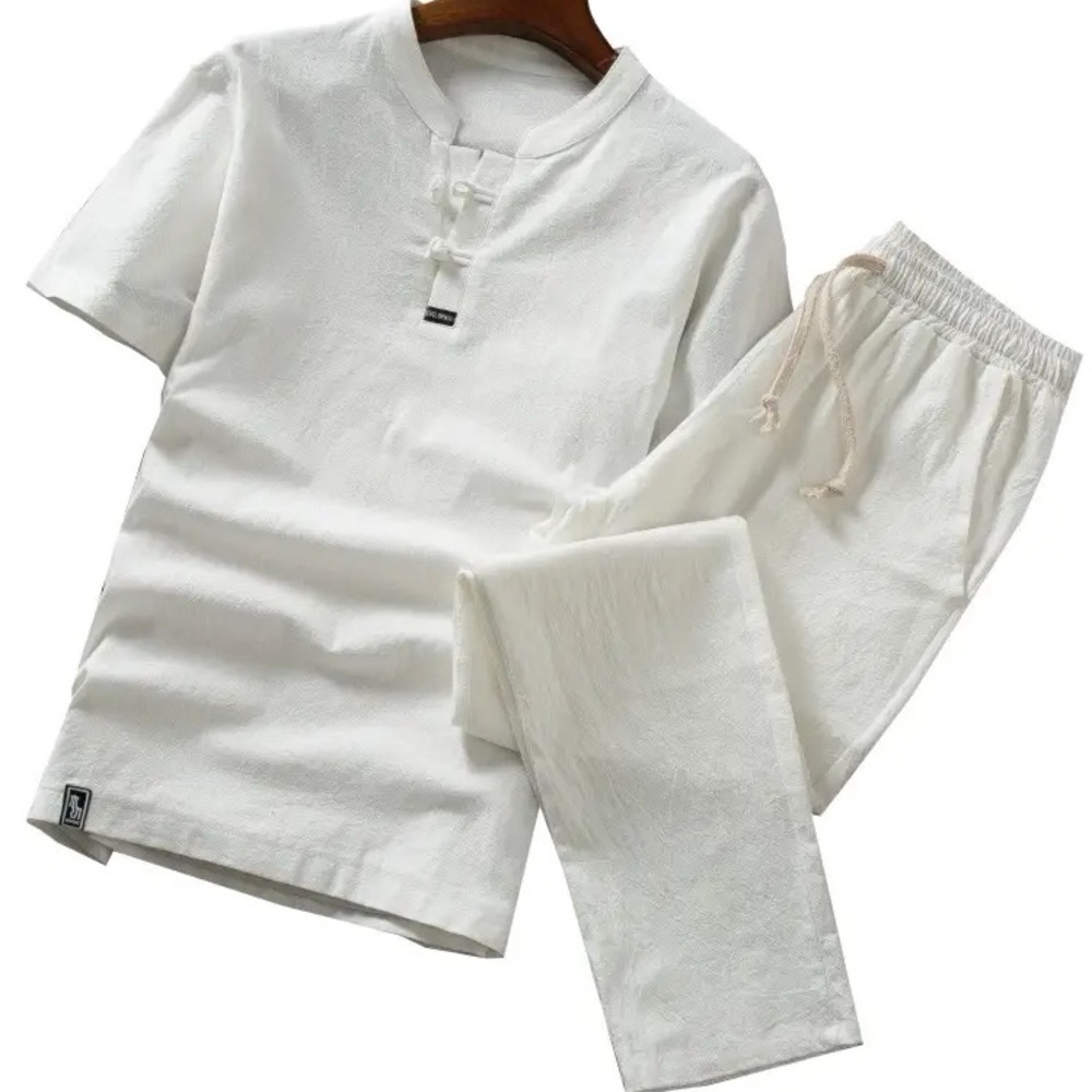 White Cotton Linen Short Sleeve Top & Drawstring Pants Set
